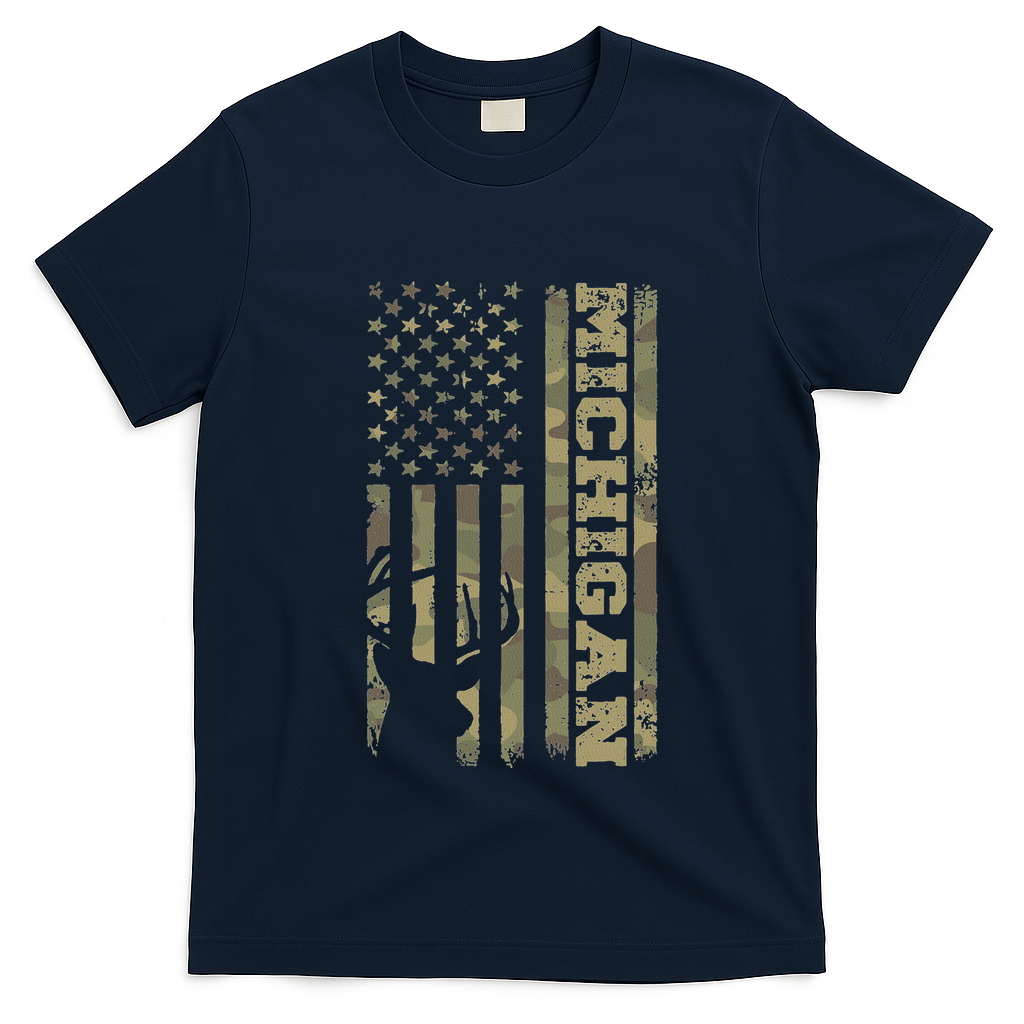 Michigan Deer Hunter Vintage Deer Hunting Camo Usa Flag T-Shirt