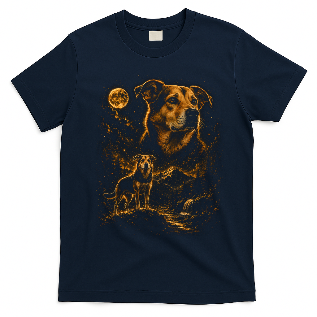Majestic Dog In Moonlit Mountain Landscape T-Shirt - Navy Blue