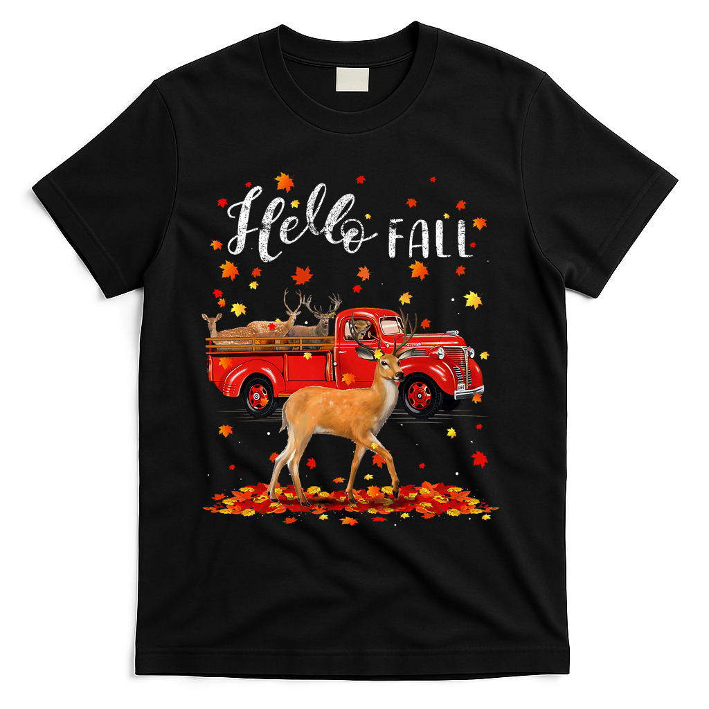 Maple Deer Leaf Fall Autumn Red Truck Gift T-Shirt - Black