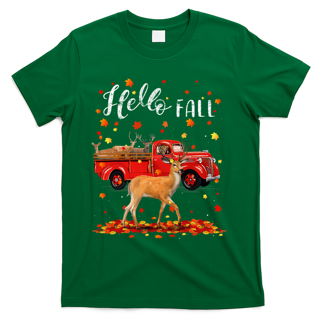 Maple Deer Leaf Fall Autumn Red Truck Gift T-Shirt - Green