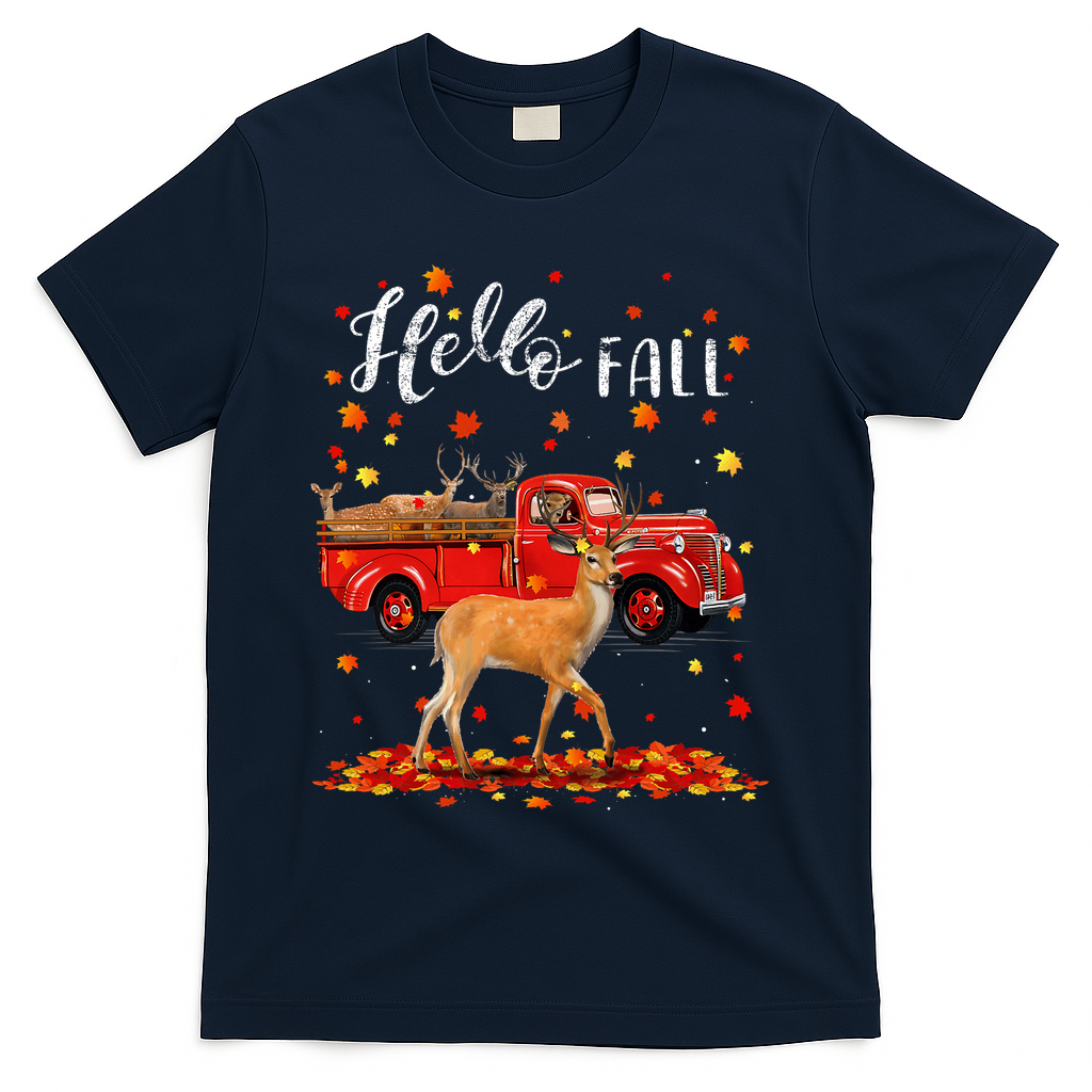 Maple Deer Leaf Fall Autumn Red Truck Gift T-Shirt - Navy