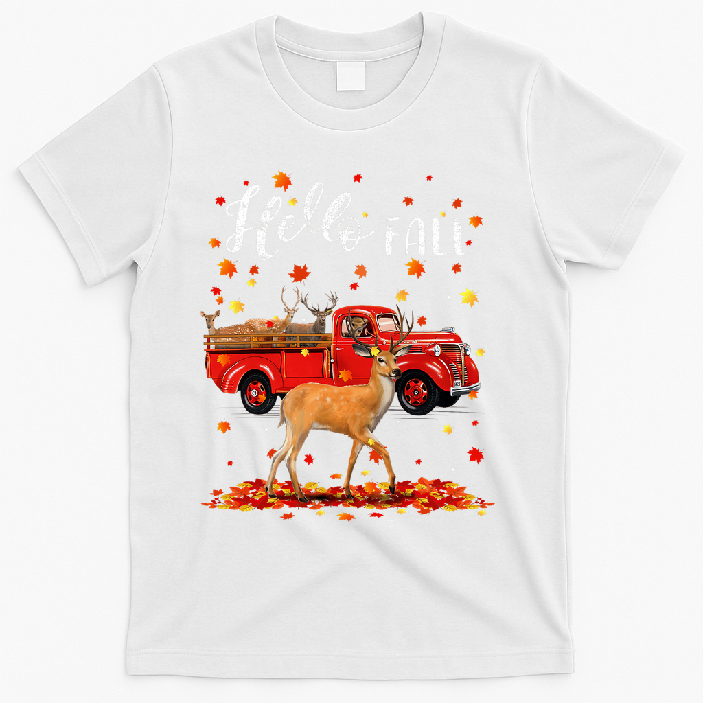 Maple Deer Leaf Fall Autumn Red Truck Gift T-Shirt - White