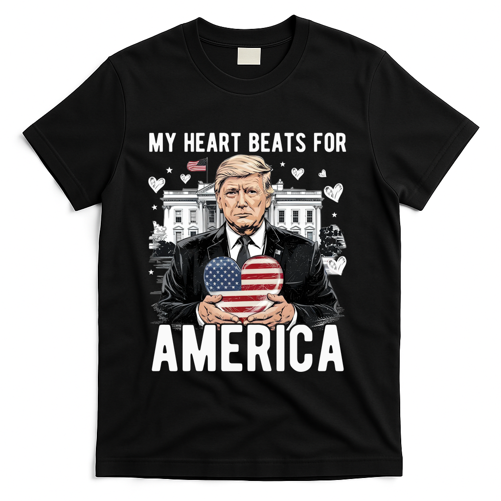 My Heart Beats For America Trump Valentines Day T-Shirt - Black