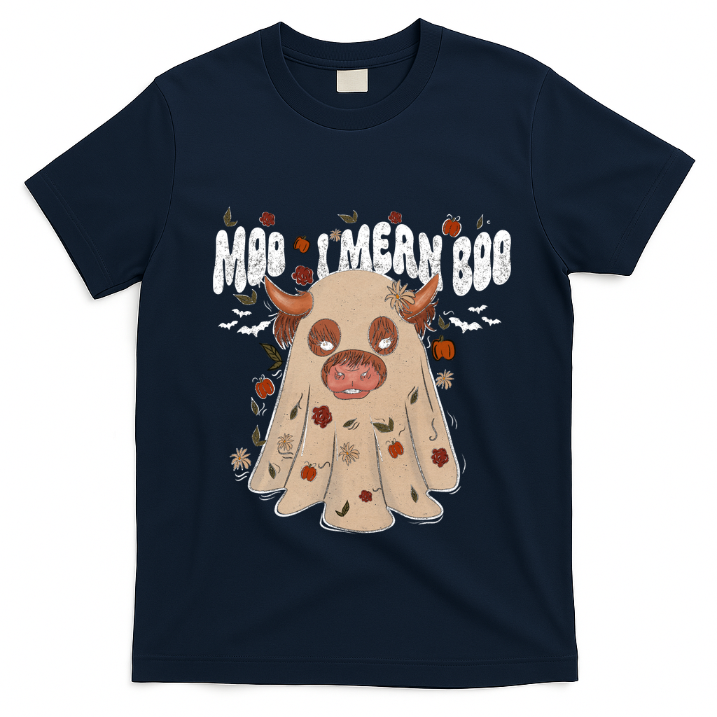Moo I Mean Boo Funny Halloween Pig Ghost T-Shirt - Navy Blue