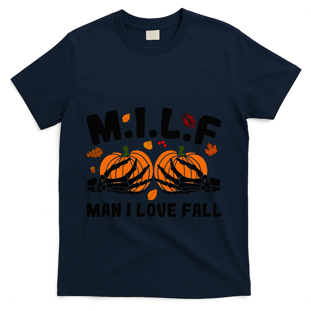 Milf Man I Love Fall Skeleton Pumpkin Hand Boob T-Shirt - Navy