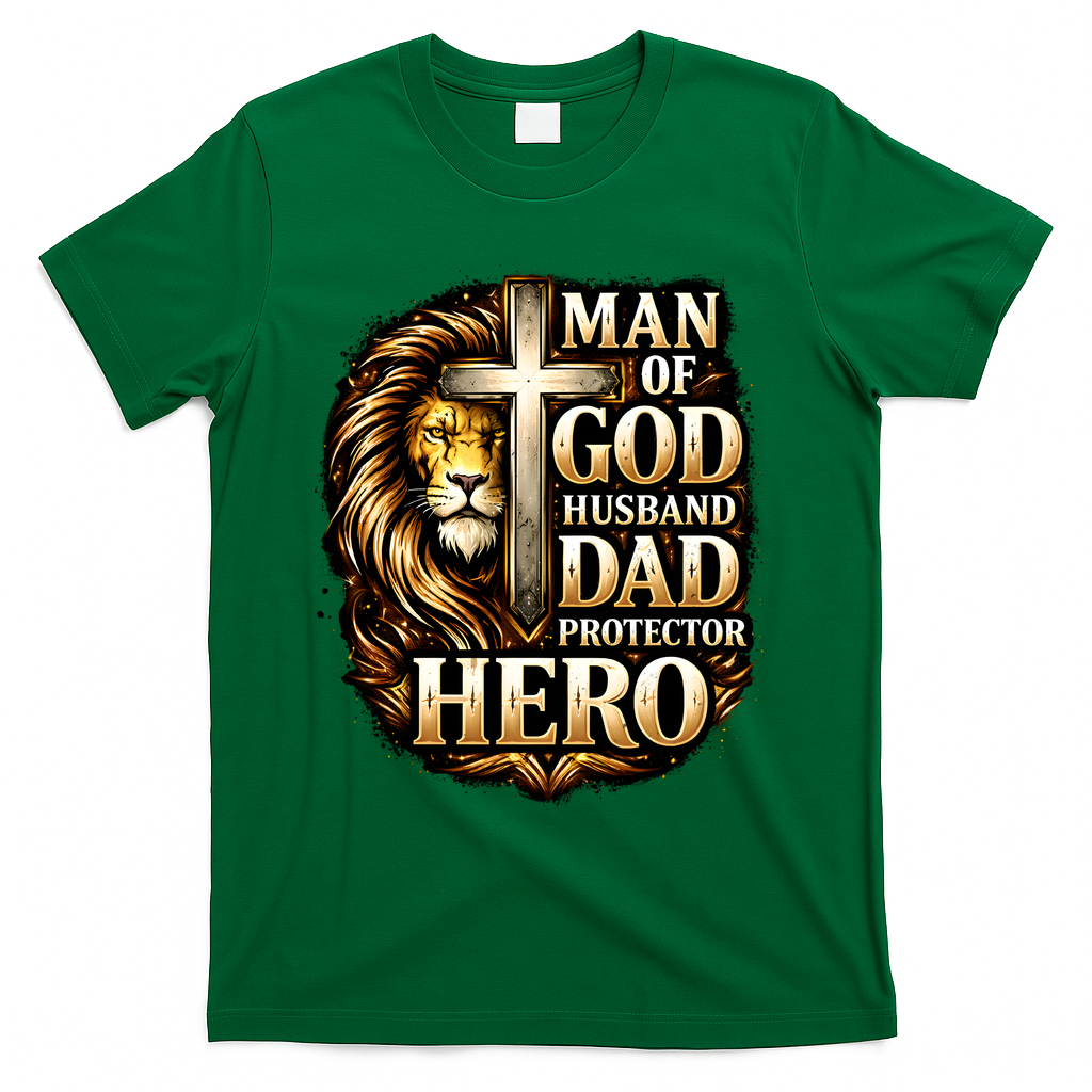 Man Of God Husband Dad Protector Lion T-Shirt - Green