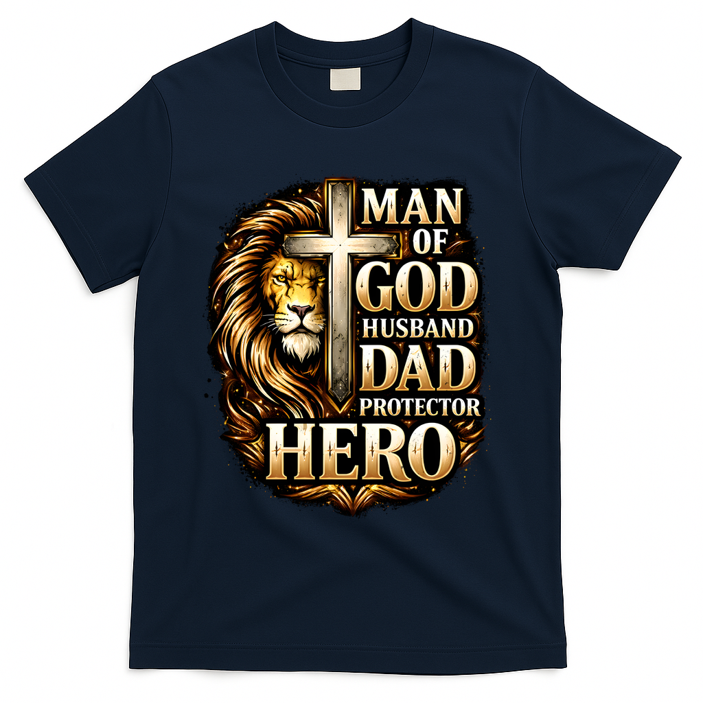 Man Of God Husband Dad Protector Lion T-Shirt - Navy