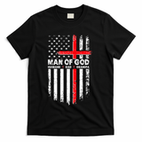 Man Of God Husband Dad Grandpa USA American Flag Cross T-Shirt - Black