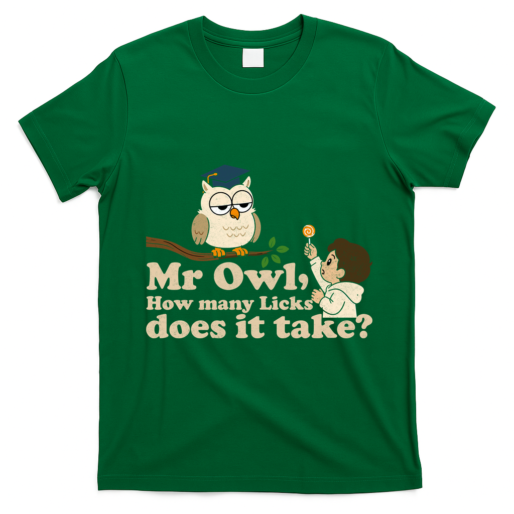 Mr Owl How Many Licks Does It Take Funny T-Shirt - Irish Green
