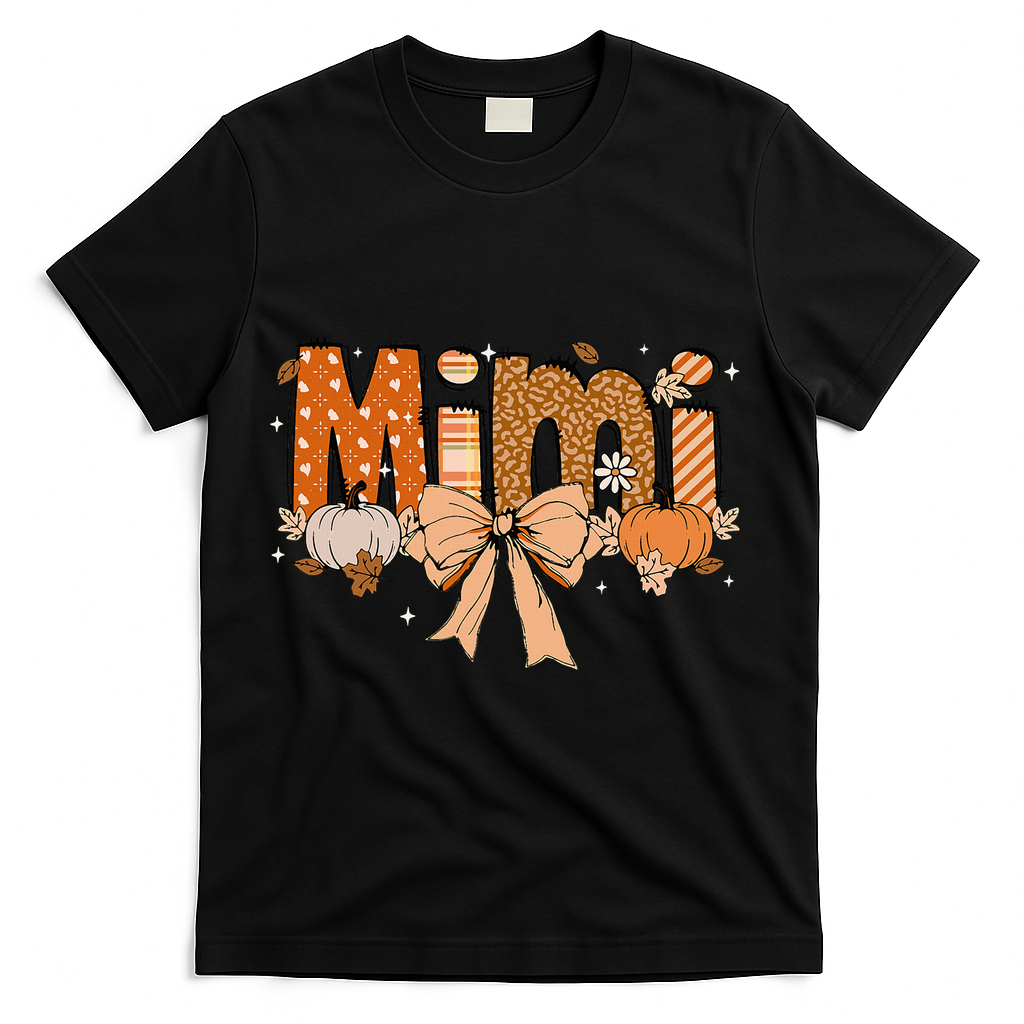 Mimi Pumpkin Fall Coquette Bow Thanksgiving Mom T-Shirt - Black