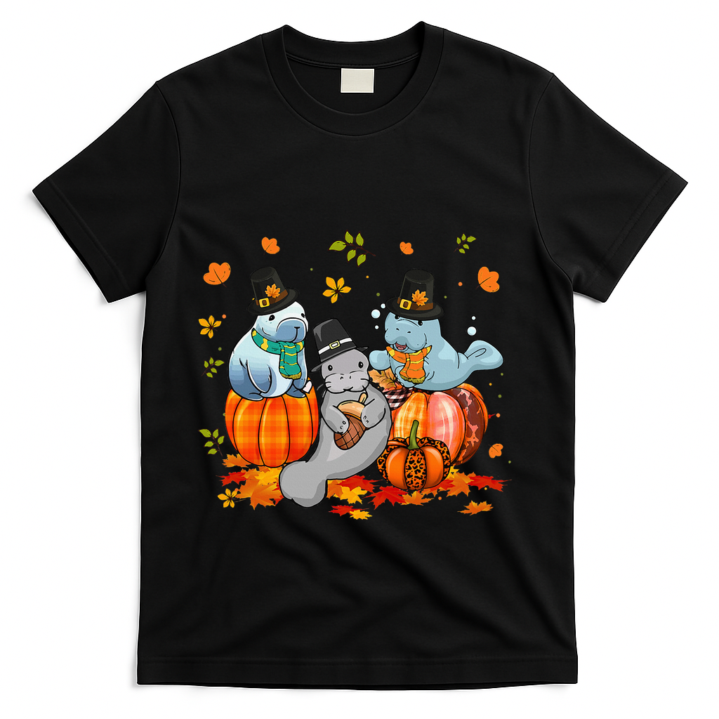 Manatee Pumpkin Leopard Buffalo Plaid Fall Thanksgiving T-Shirt - Black