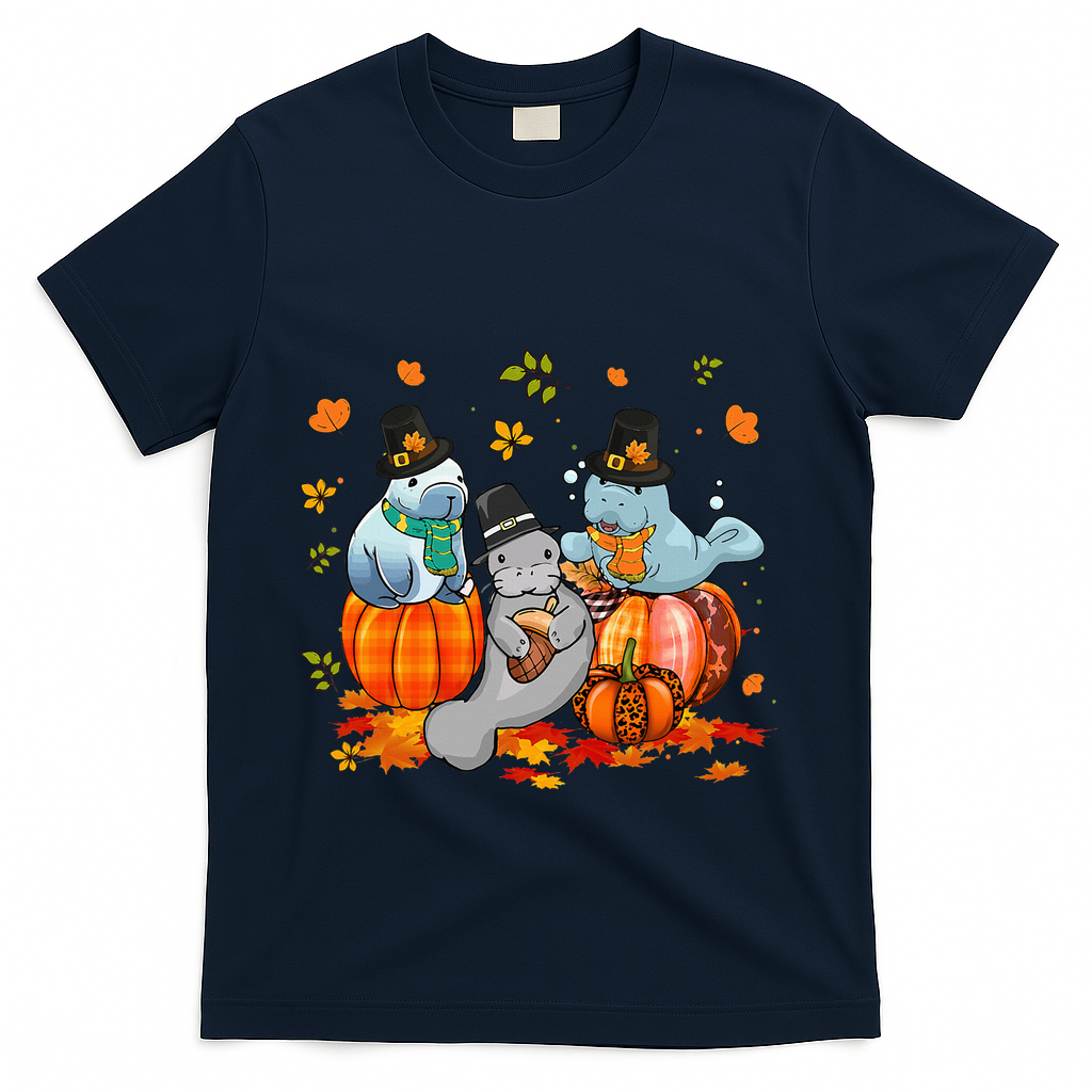 Manatee Pumpkin Leopard Buffalo Plaid Fall Thanksgiving T-Shirt - Navy