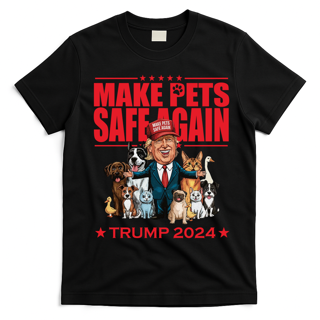 Make Pets Safe Again Trump 2024 Funny Cartoon T-Shirt - Black