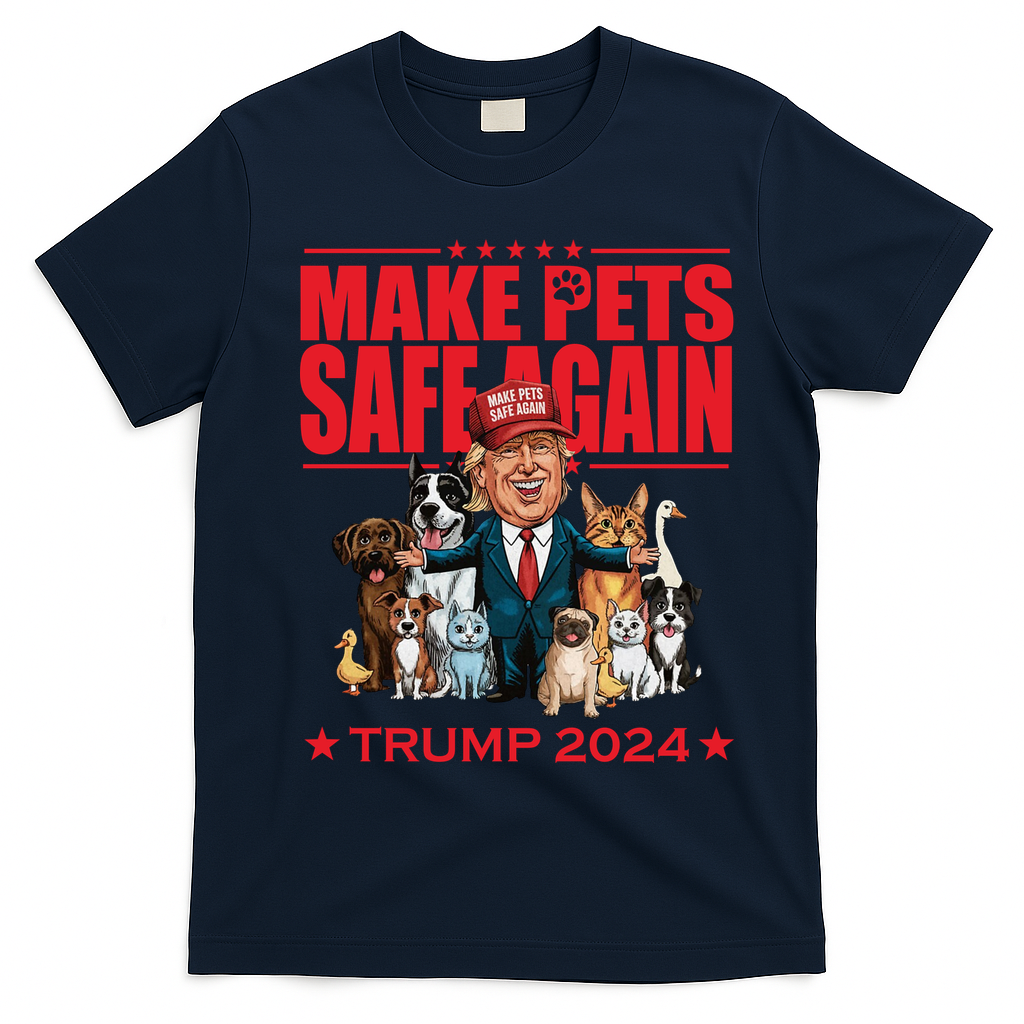 Make Pets Safe Again Trump 2024 Funny Cartoon T-Shirt - Navy Blue