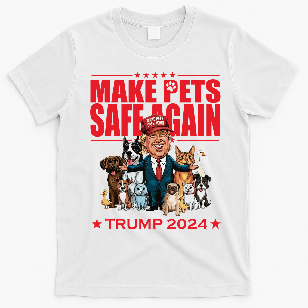 Make Pets Safe Again Trump 2024 Funny Cartoon T-Shirt - White