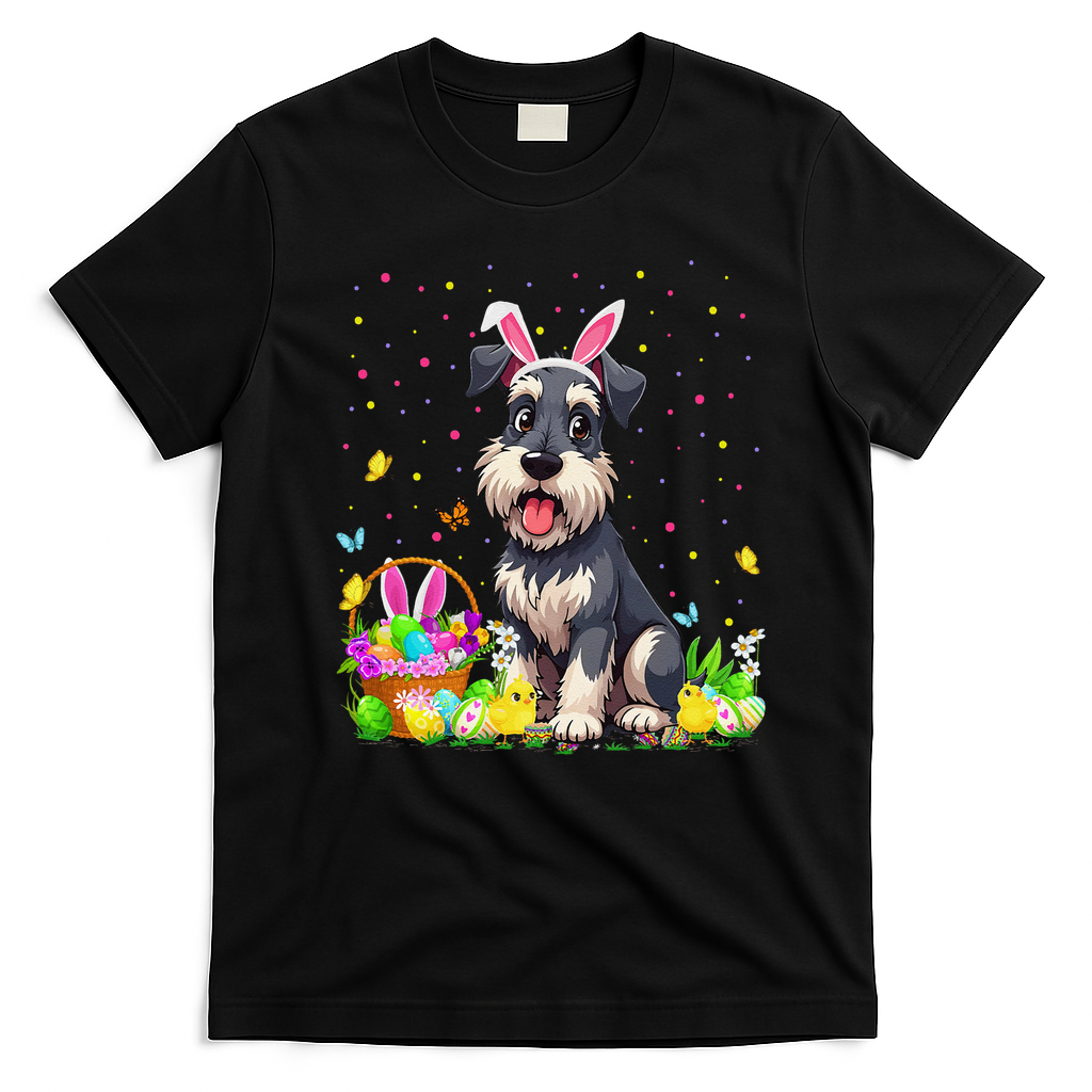 Miniature Schnauzer Dog Easter Egg Hunt Bunny Ear Easter T-Shirt - Black