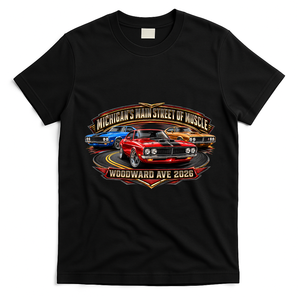 Main Street Of Muscle Woodward Ave 2026 Front & Back T-Shirt - Black