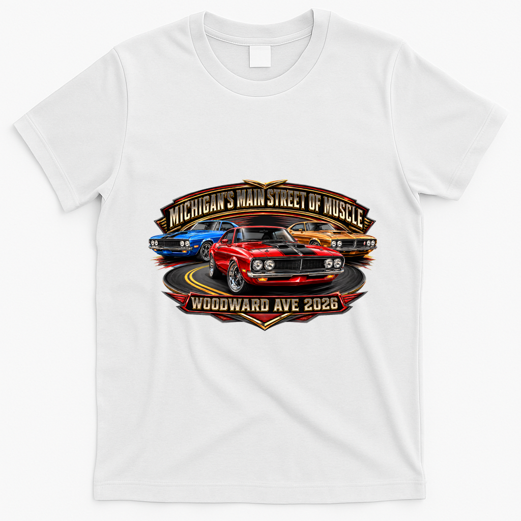 Main Street Of Muscle Woodward Ave 2026 Front & Back T-Shirt - White