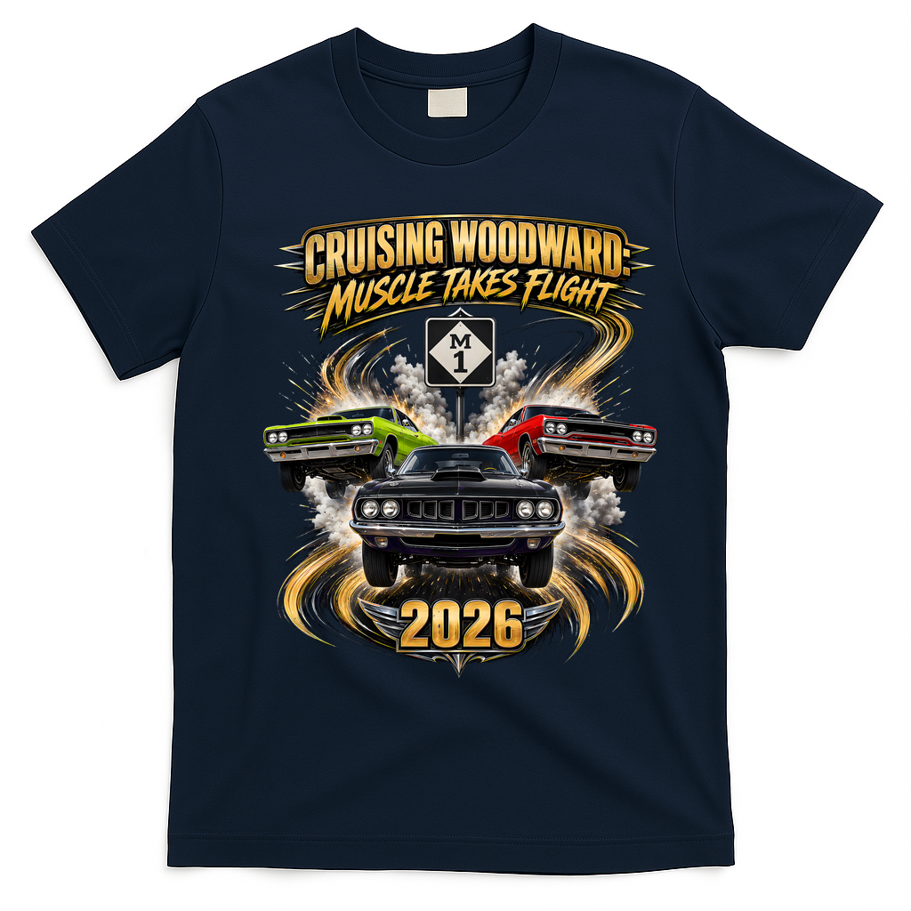 Muscle Takes Flight Crusing Woodward M1 2026 T-Shirt - Navy Blue