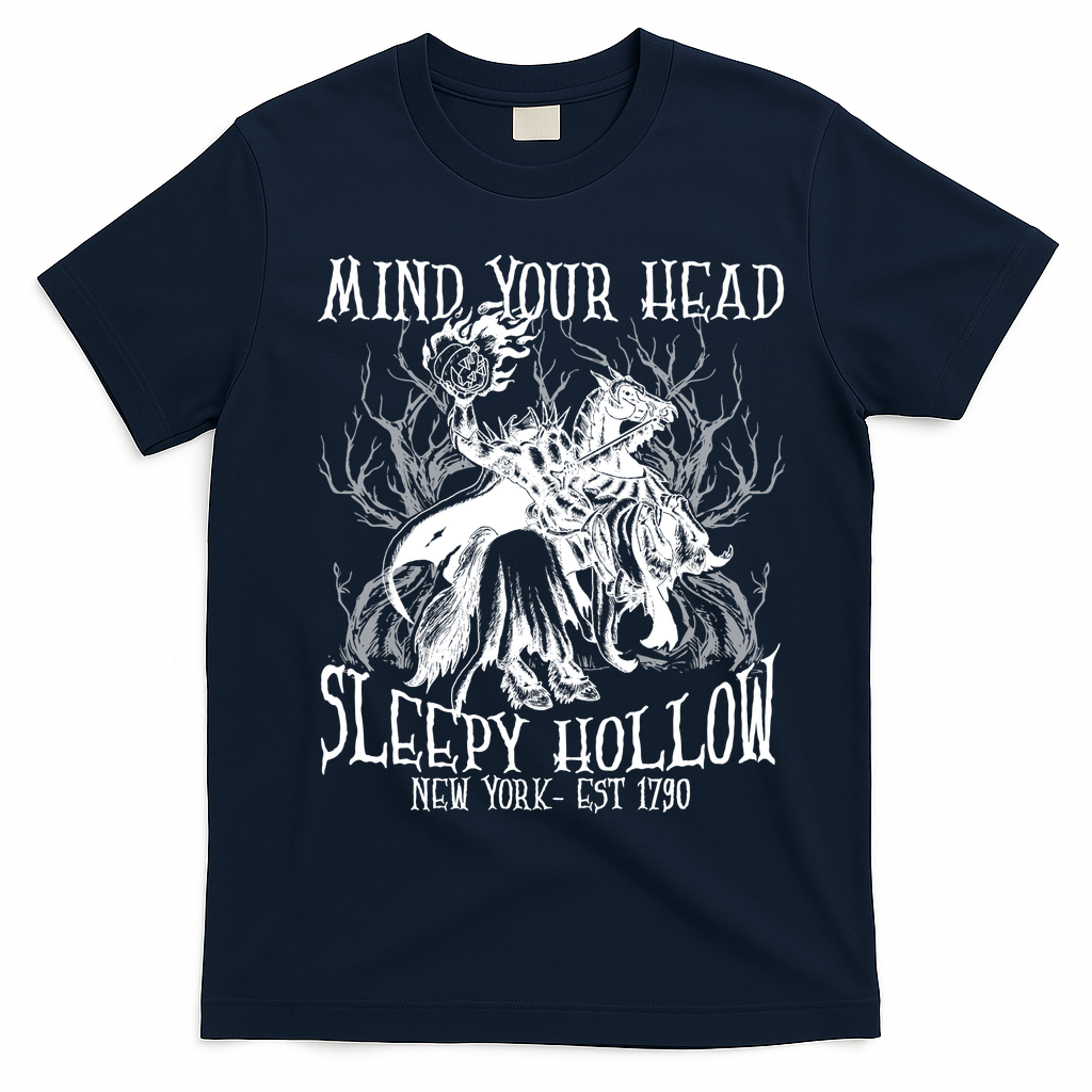 Mind Your Head Headless Horseman Est 1790 Headless Horseman Horror T-Shirt - Navy Blue
