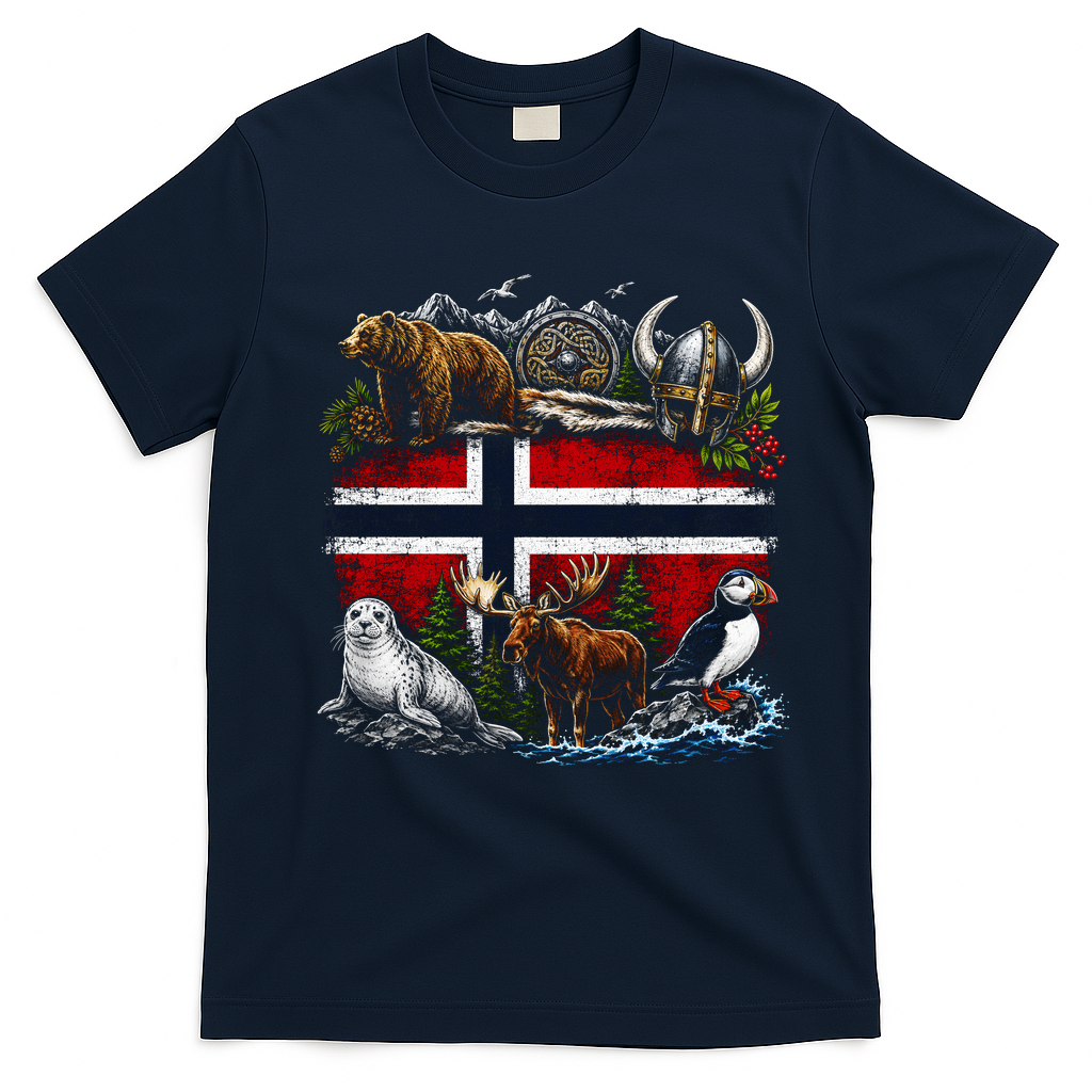Norway Animal Kingdom Flag T-Shirt - Navy Blue