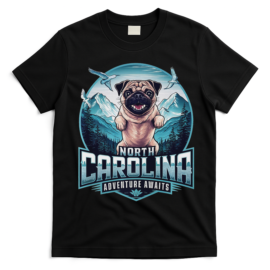 North Carolina Pug Dog Funny Mountain Hiking Outdoor Design T-Shirt - Black
