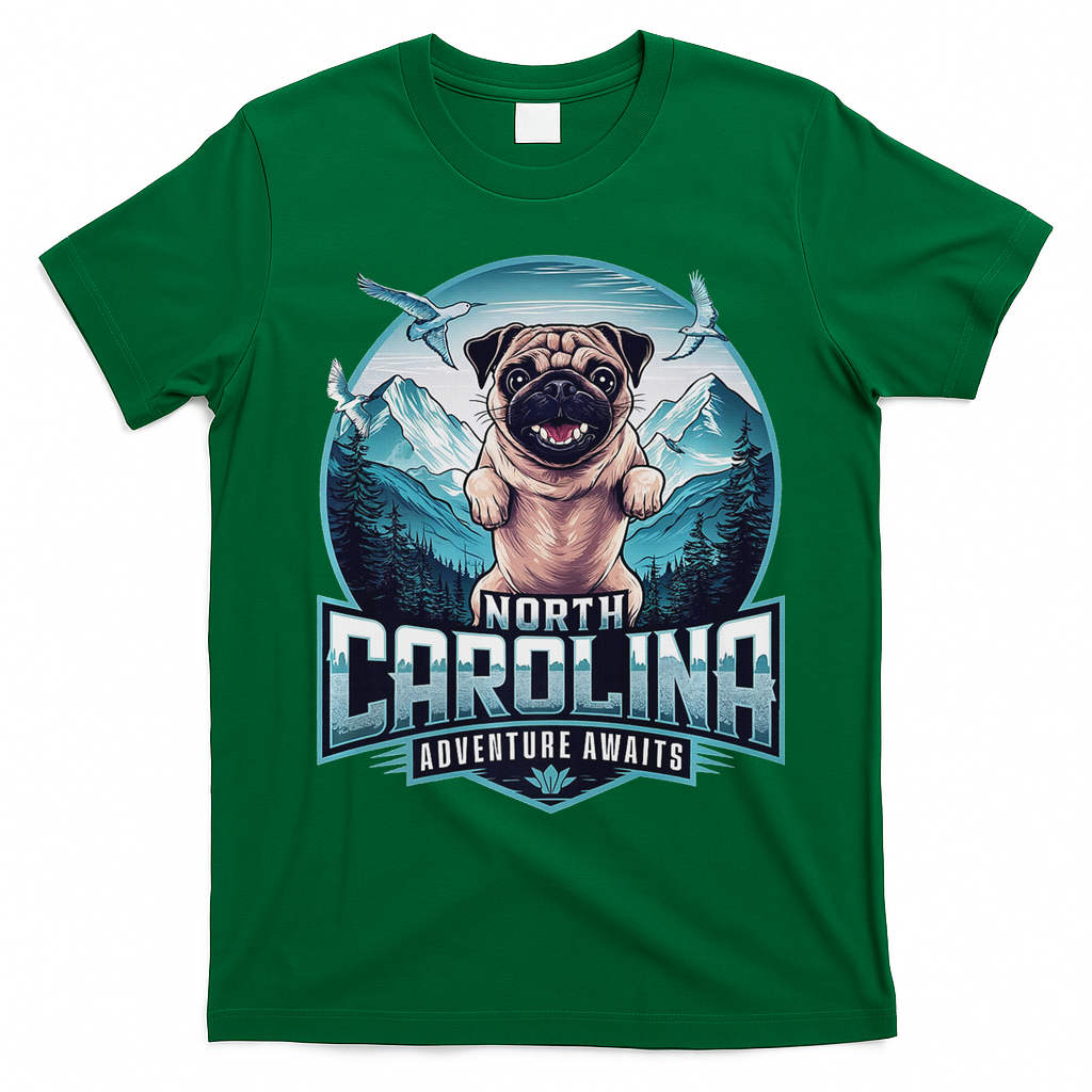 North Carolina Pug Dog Funny Mountain Hiking Outdoor Design T-Shirt - Irish Green