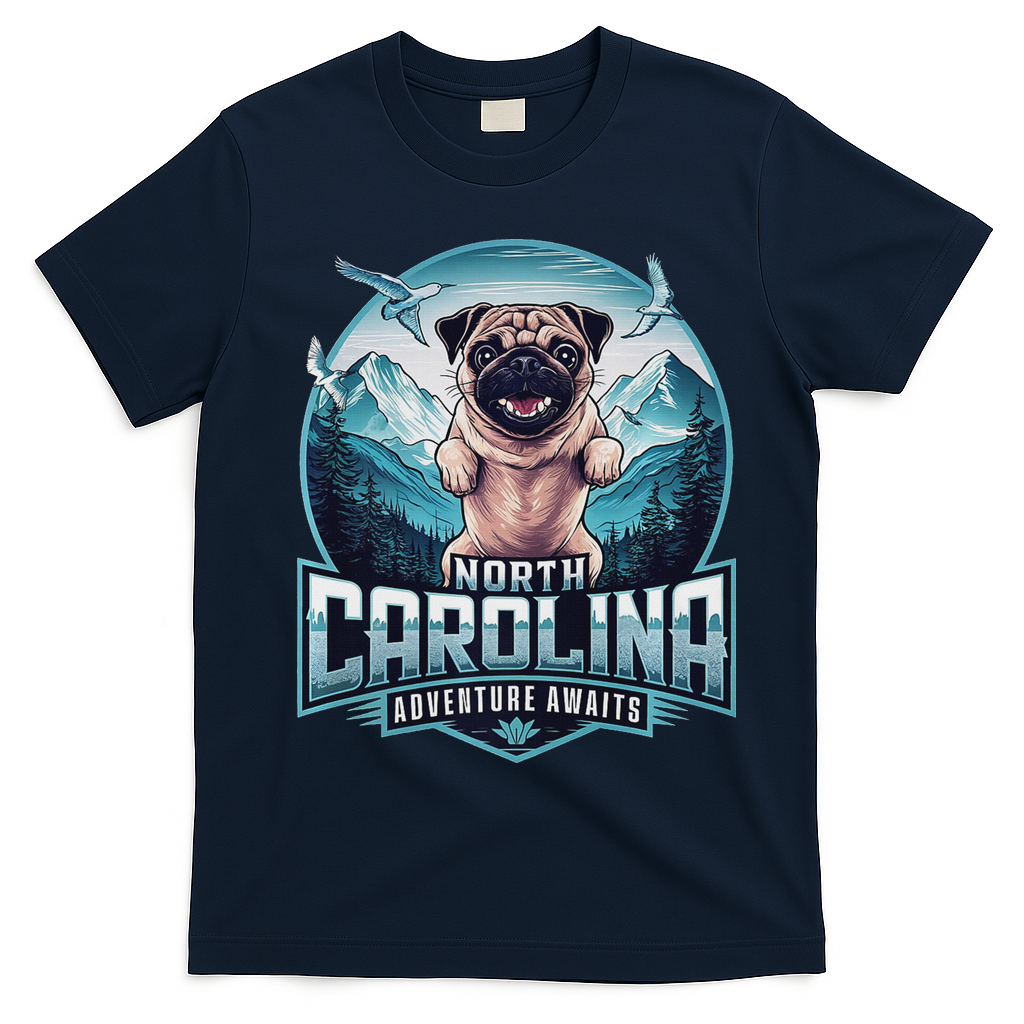 North Carolina Pug Dog Funny Mountain Hiking Outdoor Design T-Shirt - Navy Blue
