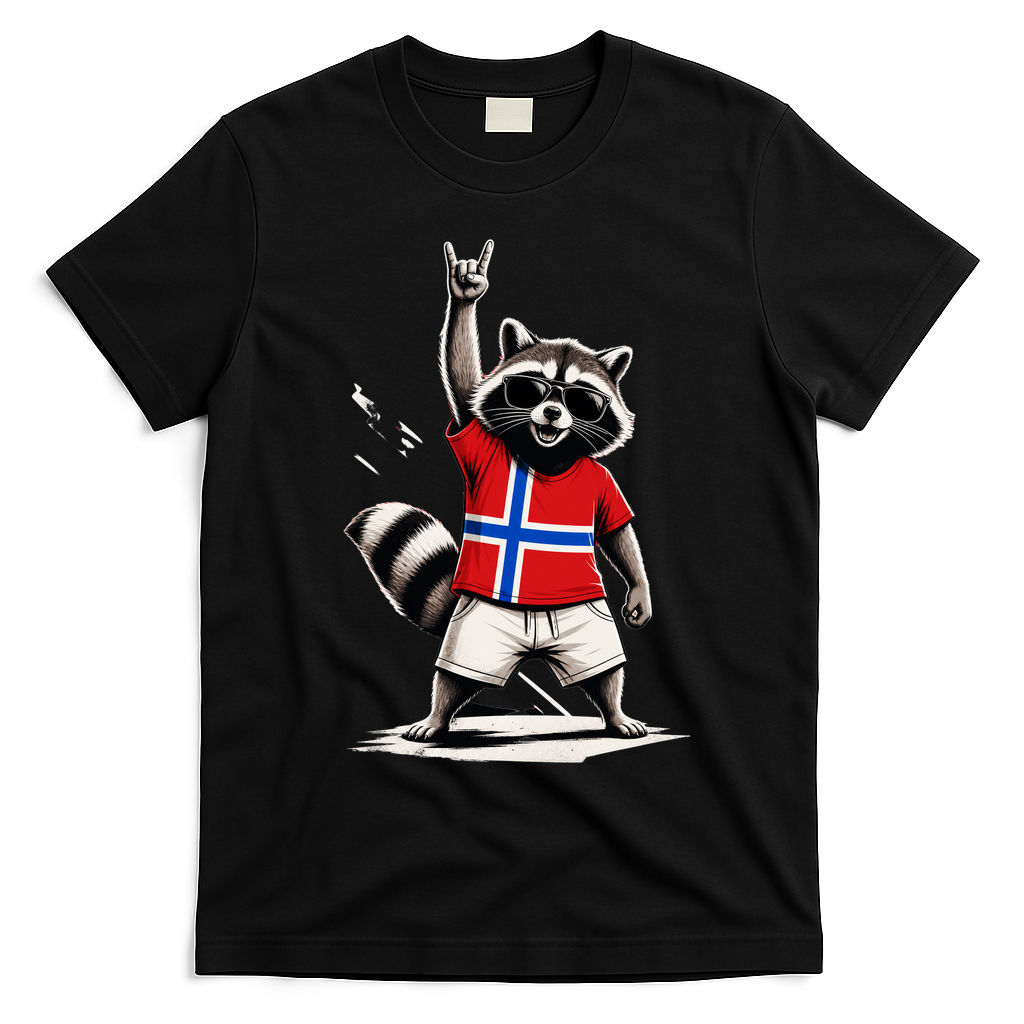 Norwegian Flag Funny Raccoon Norway T-Shirt - Black