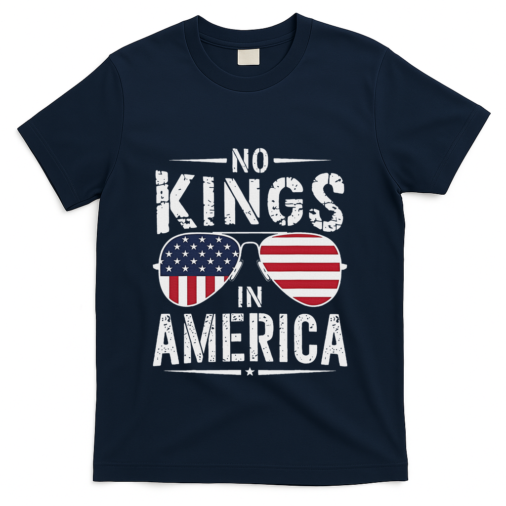 No Kings In America Sunglasses Us Flag Funny Anti Trump T-Shirt - Navy