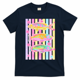 Neon Striped Fish Summer Beach Vibes T-Shirt - Navy Blue