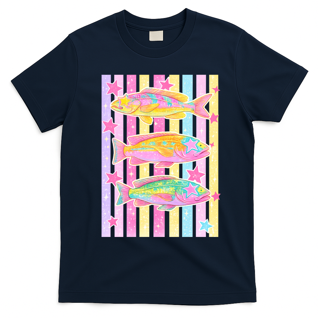 Neon Striped Fish Summer Beach Vibes T-Shirt - Navy Blue