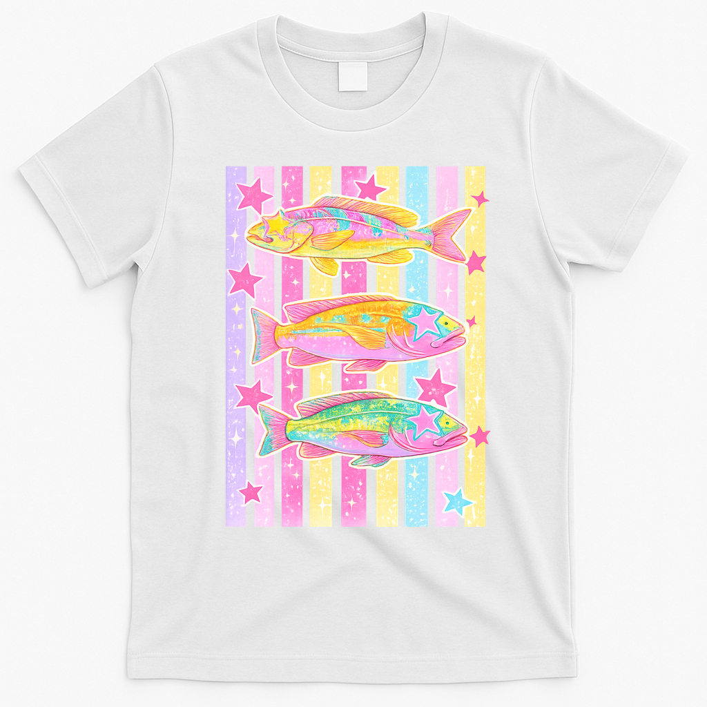 Neon Striped Fish Summer Beach Vibes T-Shirt - White
