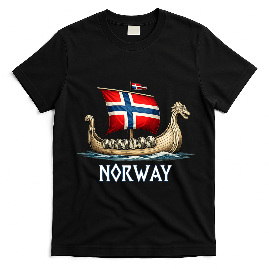 Norwegian Viking Ship Flag Boat Norway Heritage T-Shirt - Black