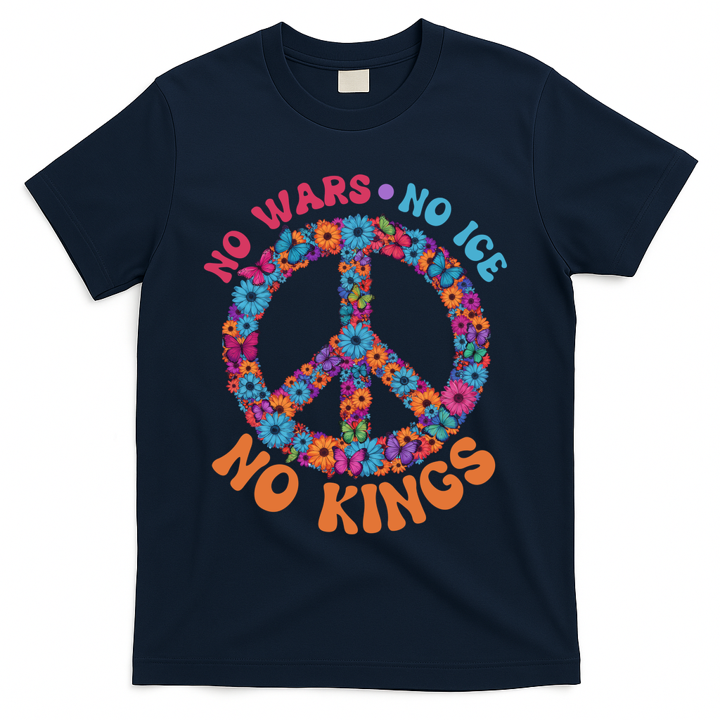 No Wars No Ice No Kings Boho Hippie Flower Peace Symbol T-Shirt - Navy