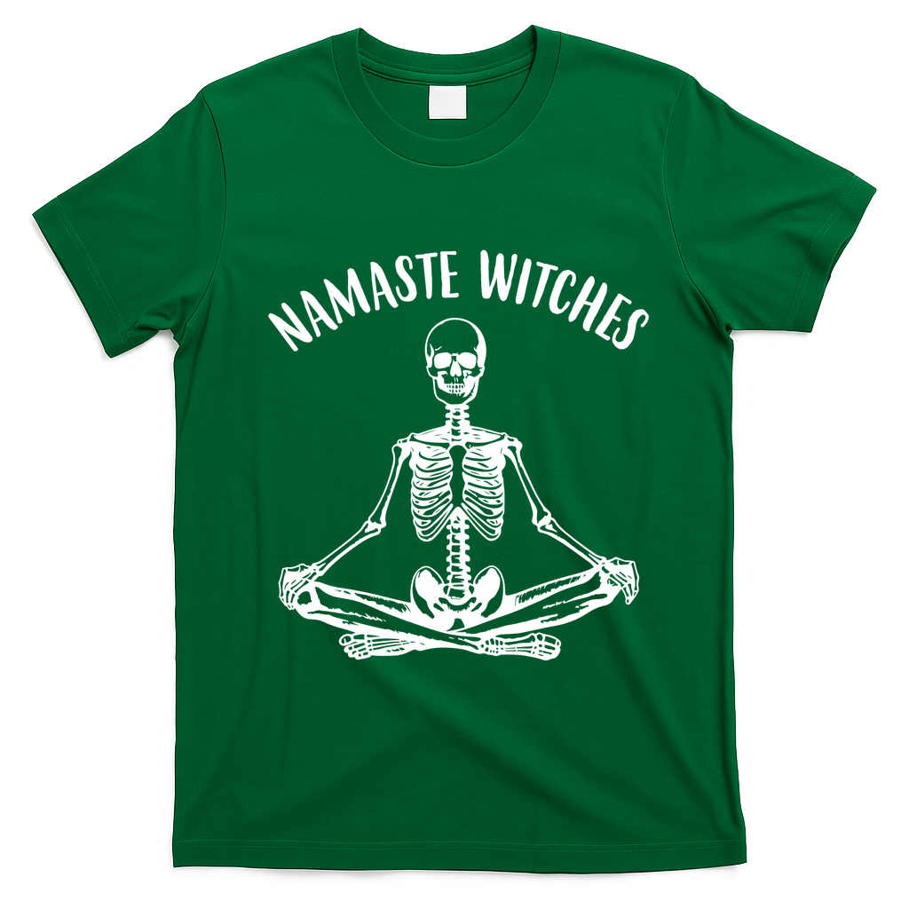 Namaste Witches Skeleton Halloween Yoga T-Shirt - Irish Green