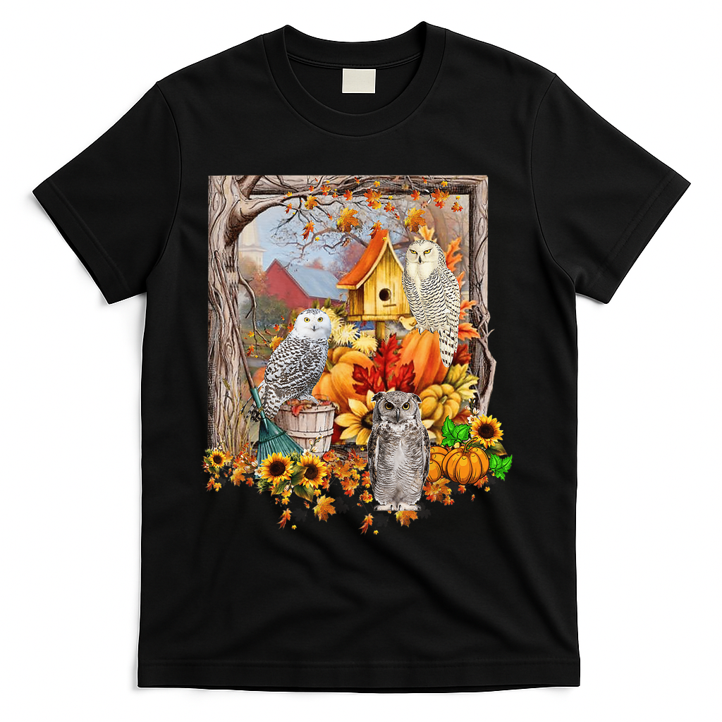 Owls Autumn Tree Leaves Fall Pumpkin T-Shirt - Black
