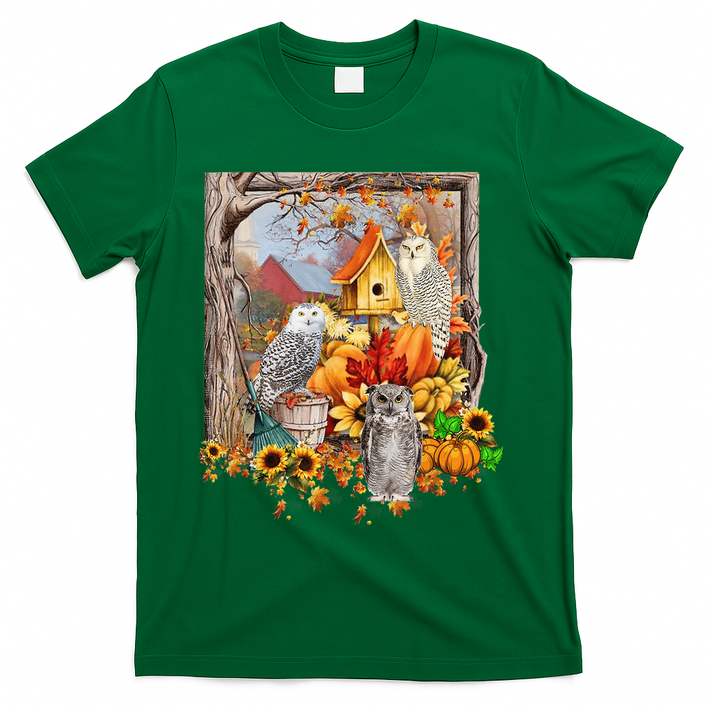 Owls Autumn Tree Leaves Fall Pumpkin T-Shirt - Green