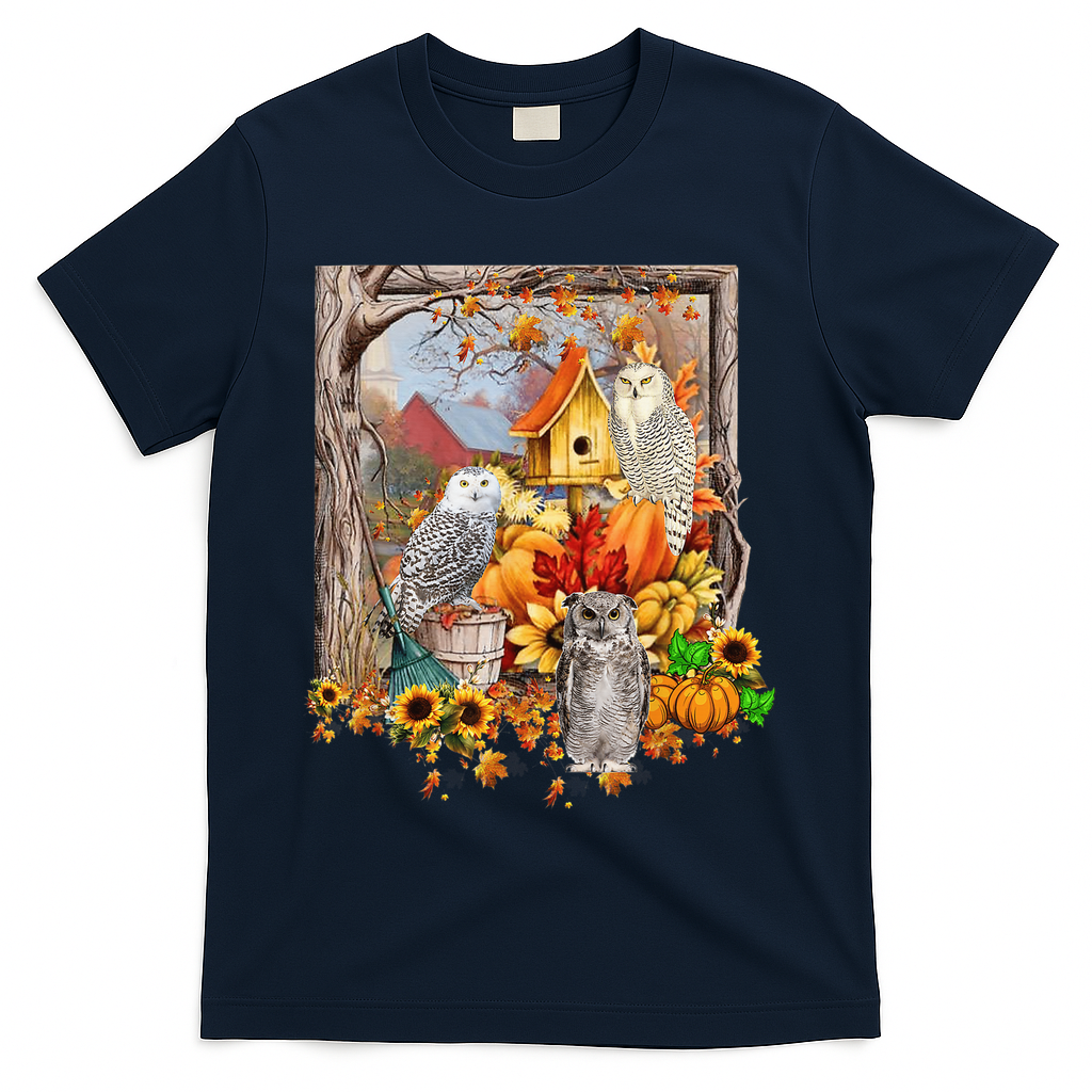 Owls Autumn Tree Leaves Fall Pumpkin T-Shirt - Navy