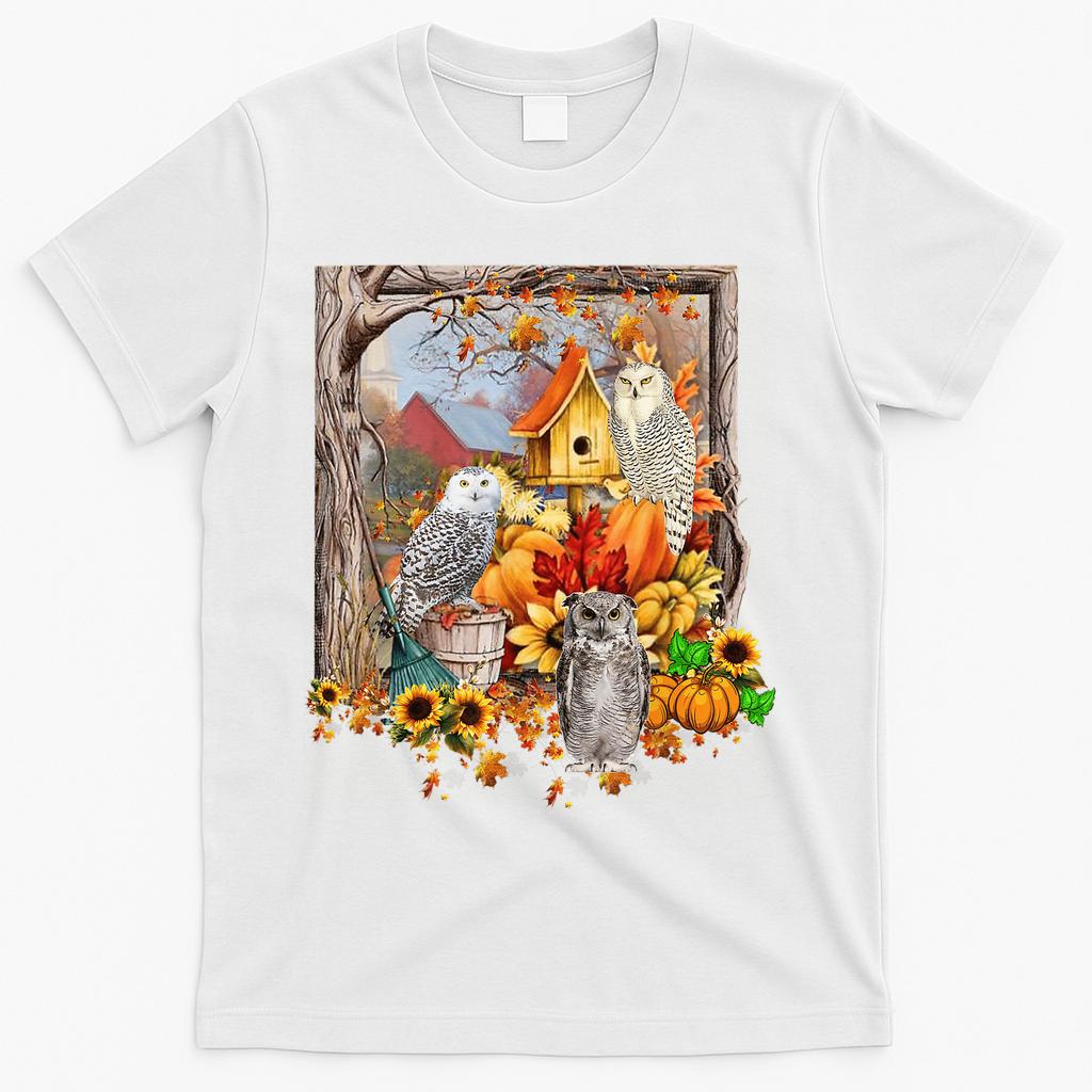 Owls Autumn Tree Leaves Fall Pumpkin T-Shirt - White