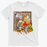 Owls Autumn Tree Leaves Fall Pumpkin T-Shirt - White