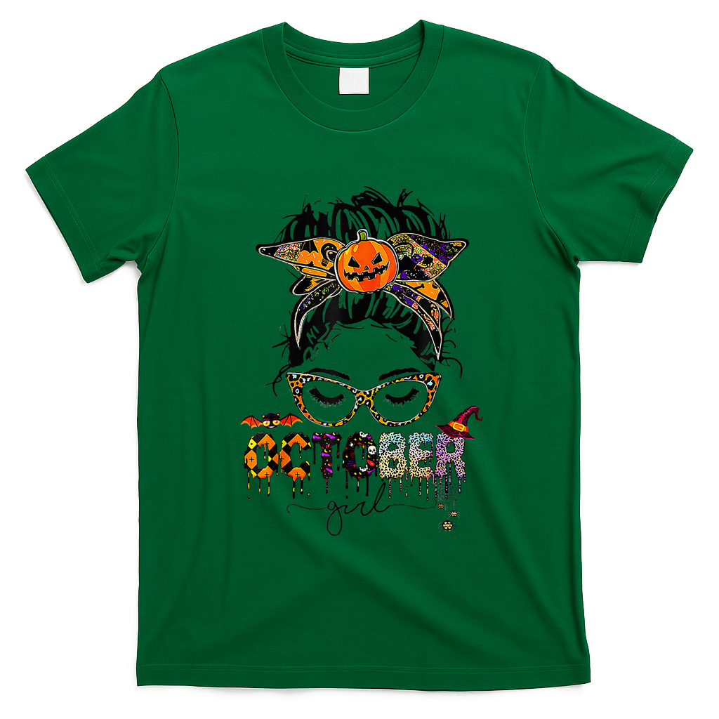 October Messy bun hair october birthday halloween  T-Shirt - Irish Green