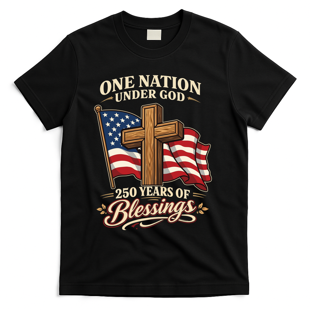 One Nation Under God 250 Years Of Blessings USA America Flag Cross 250th Anniversary T-Shirt - Black