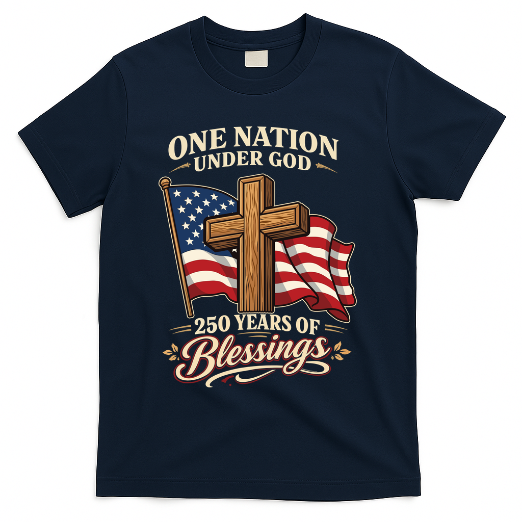 One Nation Under God 250 Years Of Blessings USA America Flag Cross 250th Anniversary T-Shirt - Navy
