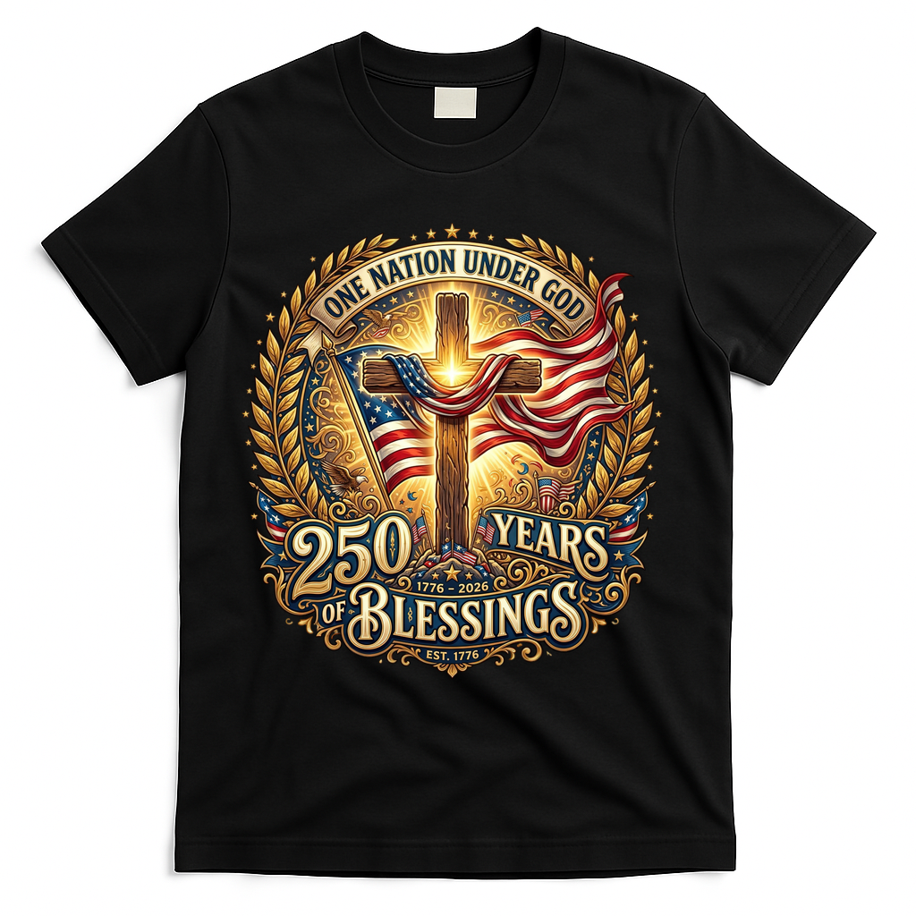One Nation Under God 250 Years Of Blessings EST 1776 Vintage Gold Emblem T-Shirt - Black
