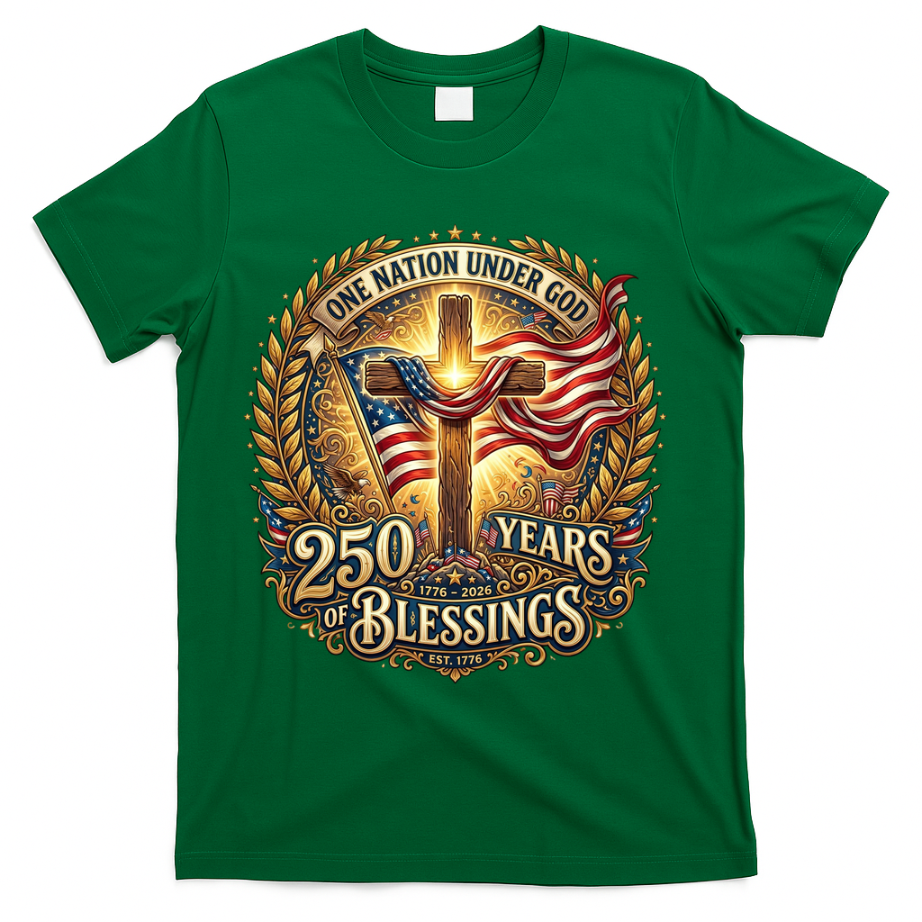 One Nation Under God 250 Years Of Blessings EST 1776 Vintage Gold Emblem T-Shirt - Green