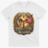 One Nation Under God 250 Years Of Blessings EST 1776 Vintage Gold Emblem T-Shirt - White