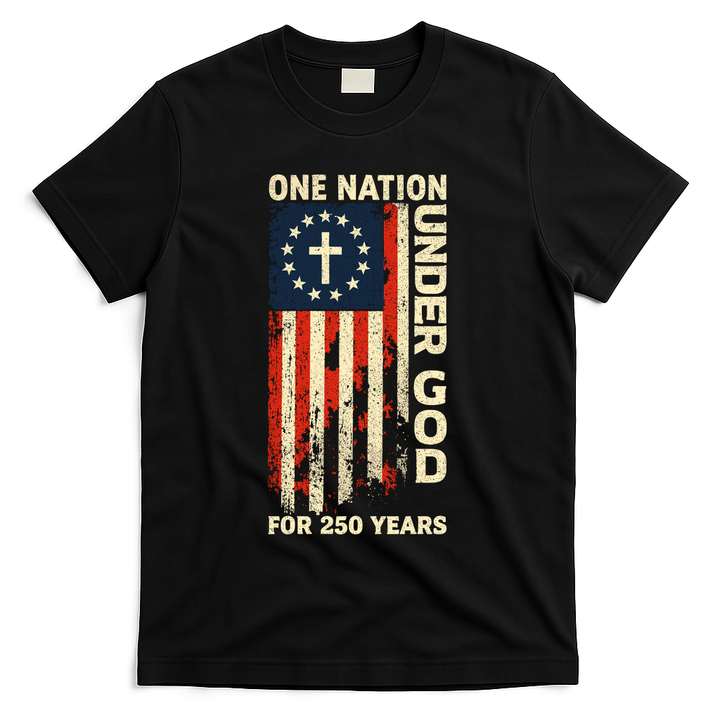 One Nation Under God For 250 Years Distressed Grunge USA Flag T-Shirt - Black
