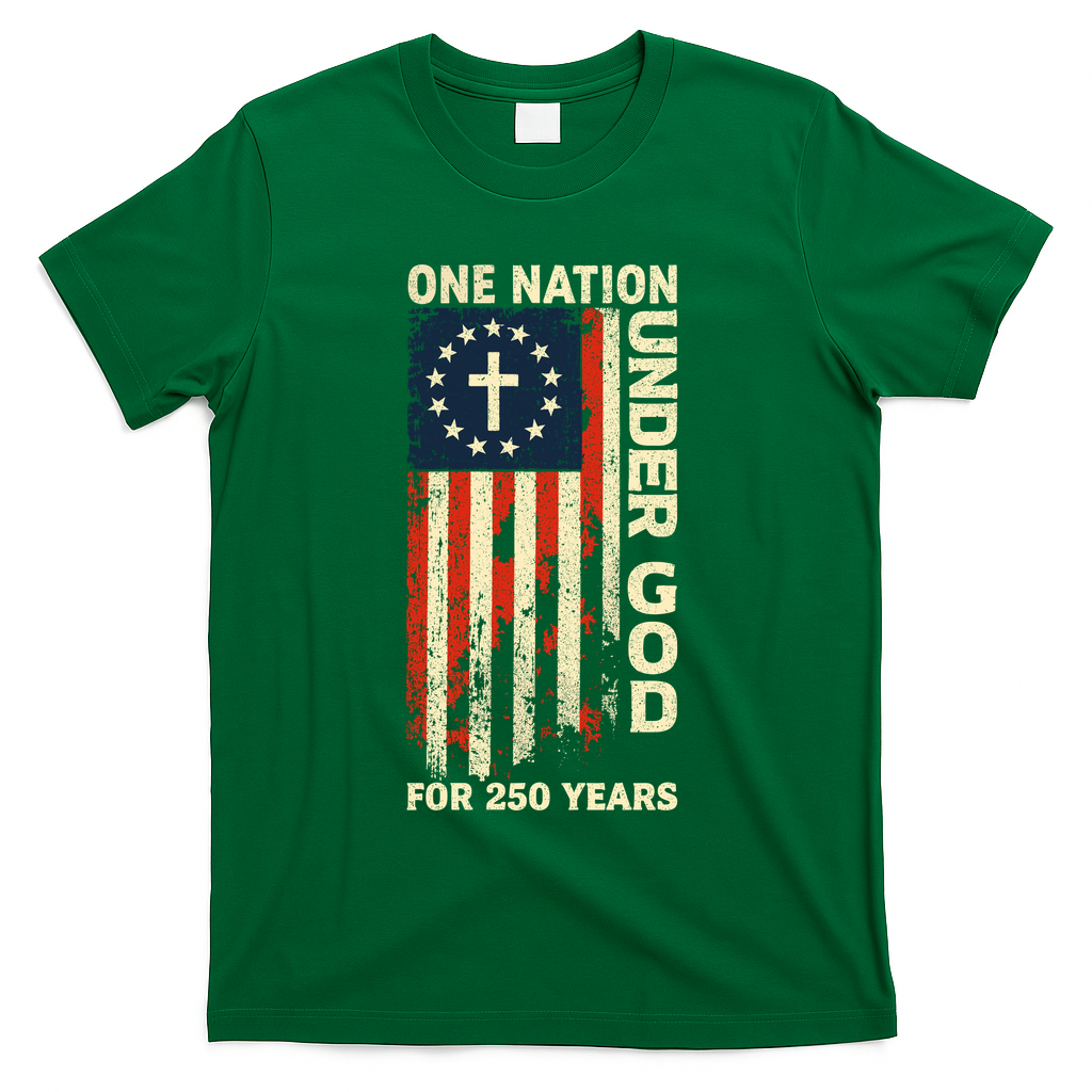 One Nation Under God For 250 Years Distressed Grunge USA Flag T-Shirt - Green