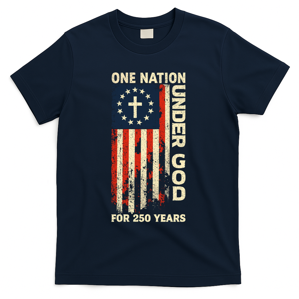 One Nation Under God For 250 Years Distressed Grunge USA Flag T-Shirt - Navy